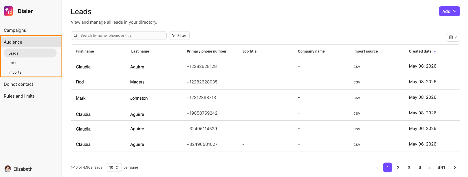 Dialer panel for audience leads