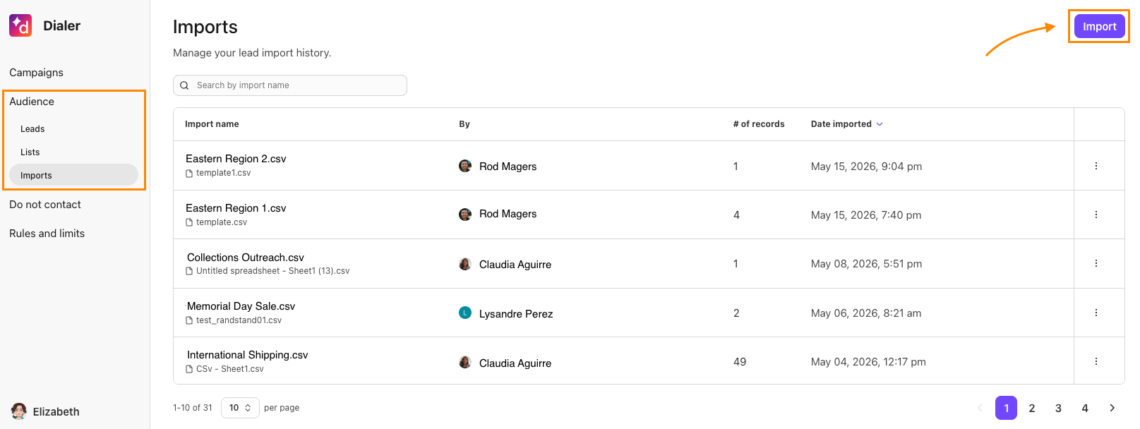Dialer IMports view with the option to import highlighted