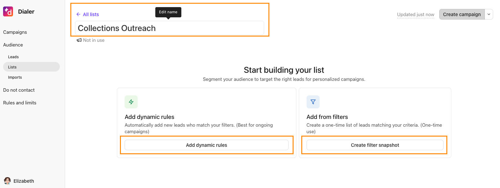 The Dialer list view with filter options