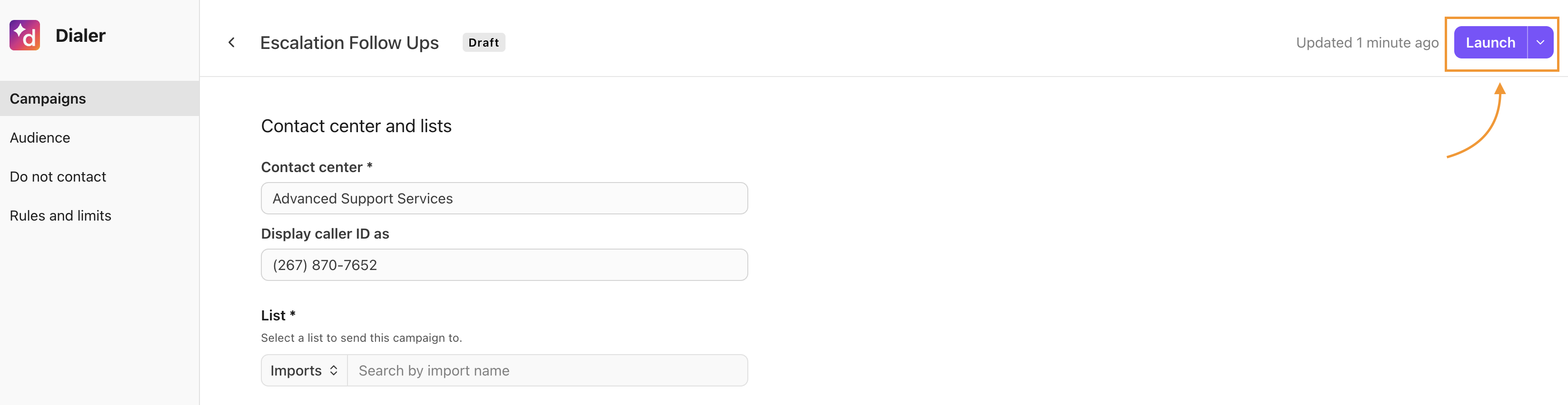 Main Campaigns window with the option to Launch a campaign highlighted