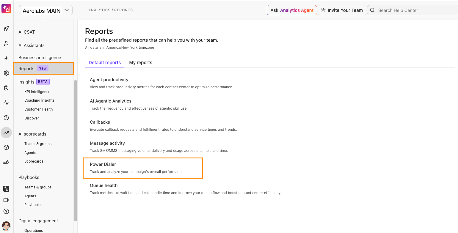 View of the analytics report for the Dialer