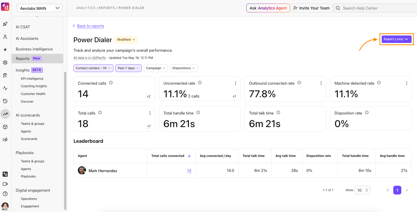 The report view of the Dialpad Dialer and the option to export data is highlighted.