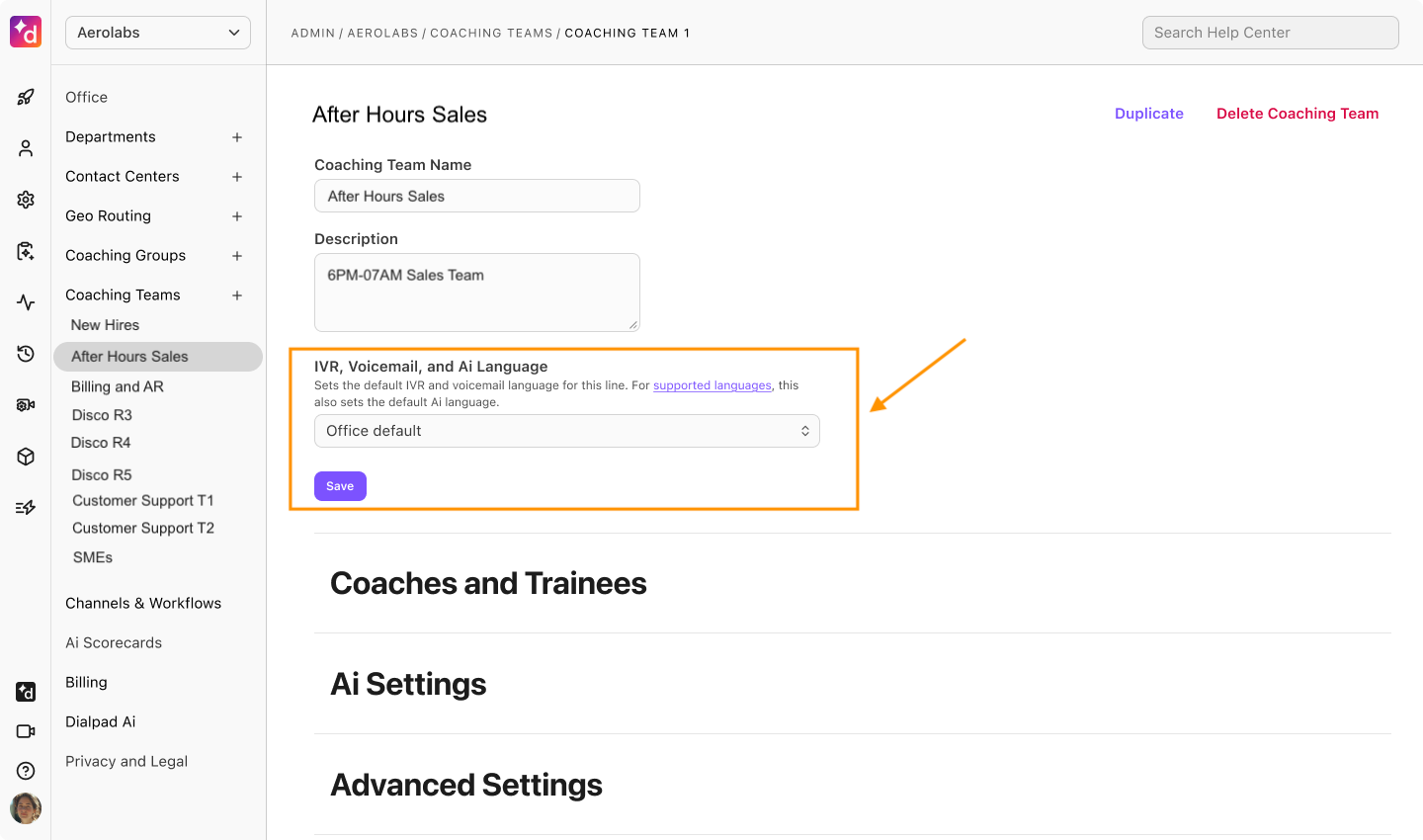 Coaching team settings page, highlighting the IVR, Voicemail, and AI Languages section