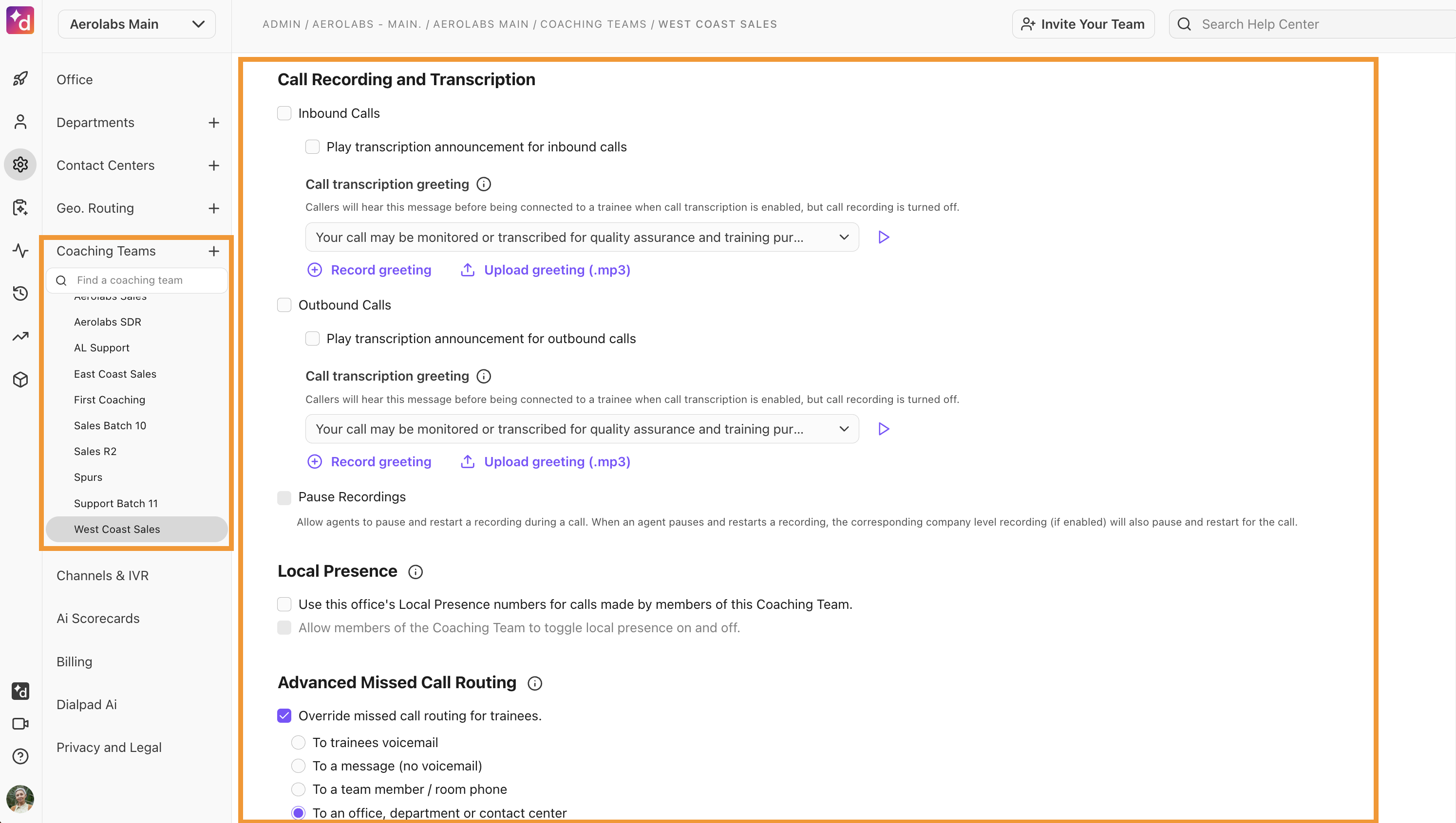 Coaching team settings page showing the call recording and transcription options