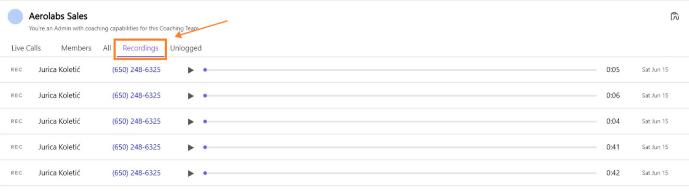 List of recordings for a coaching team