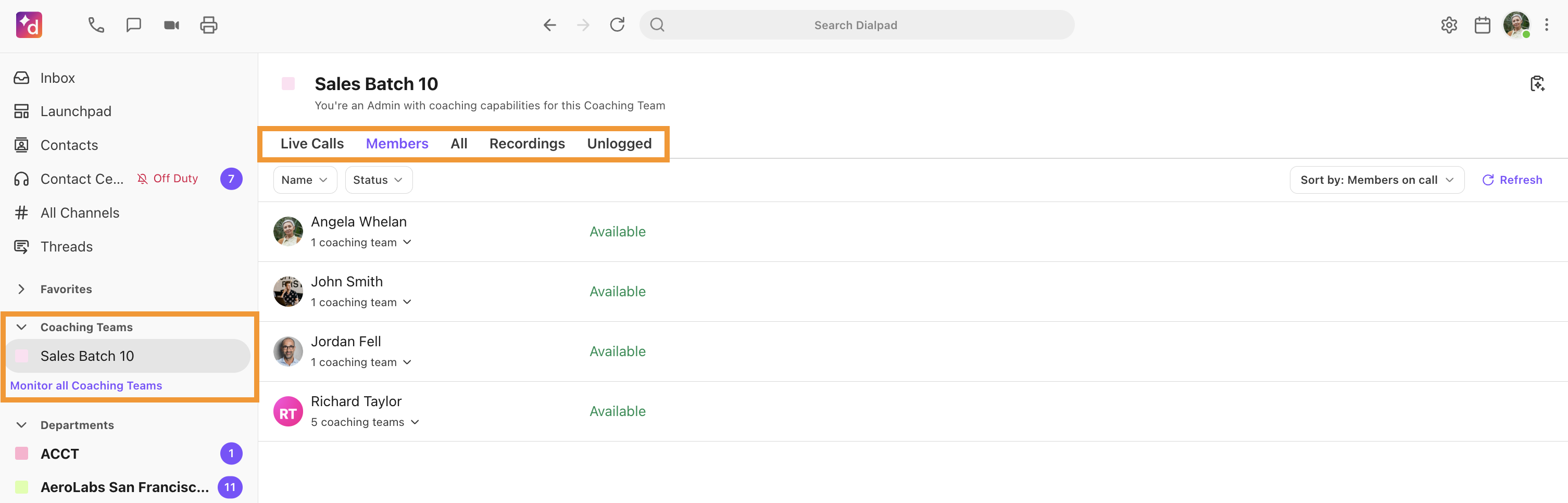 Viewing coaching teams as a coach on the dashboard