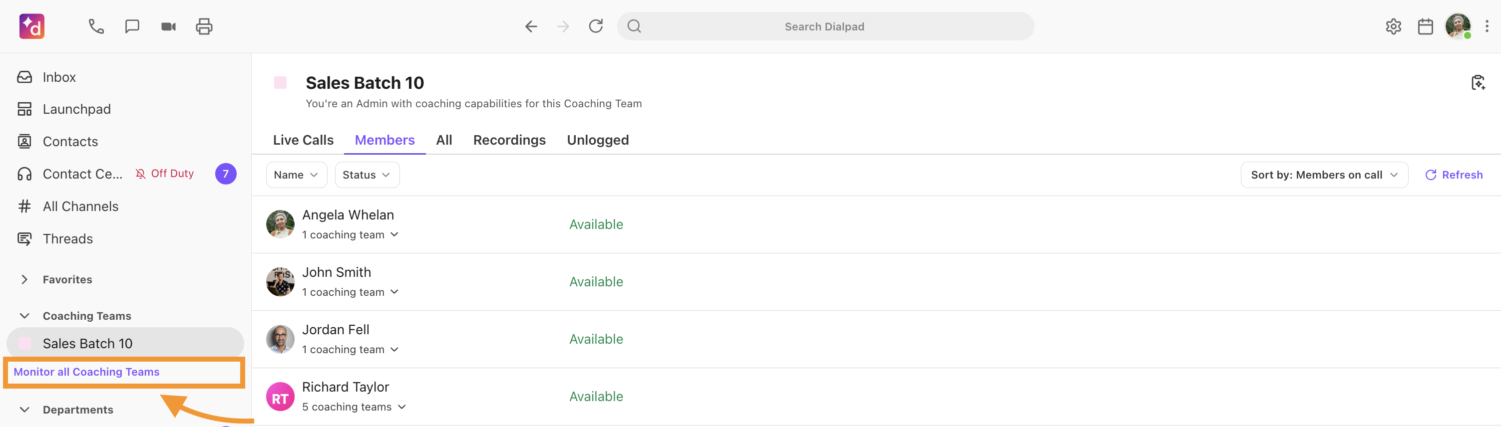 Option to monitor all coaching teams from the dashboard
