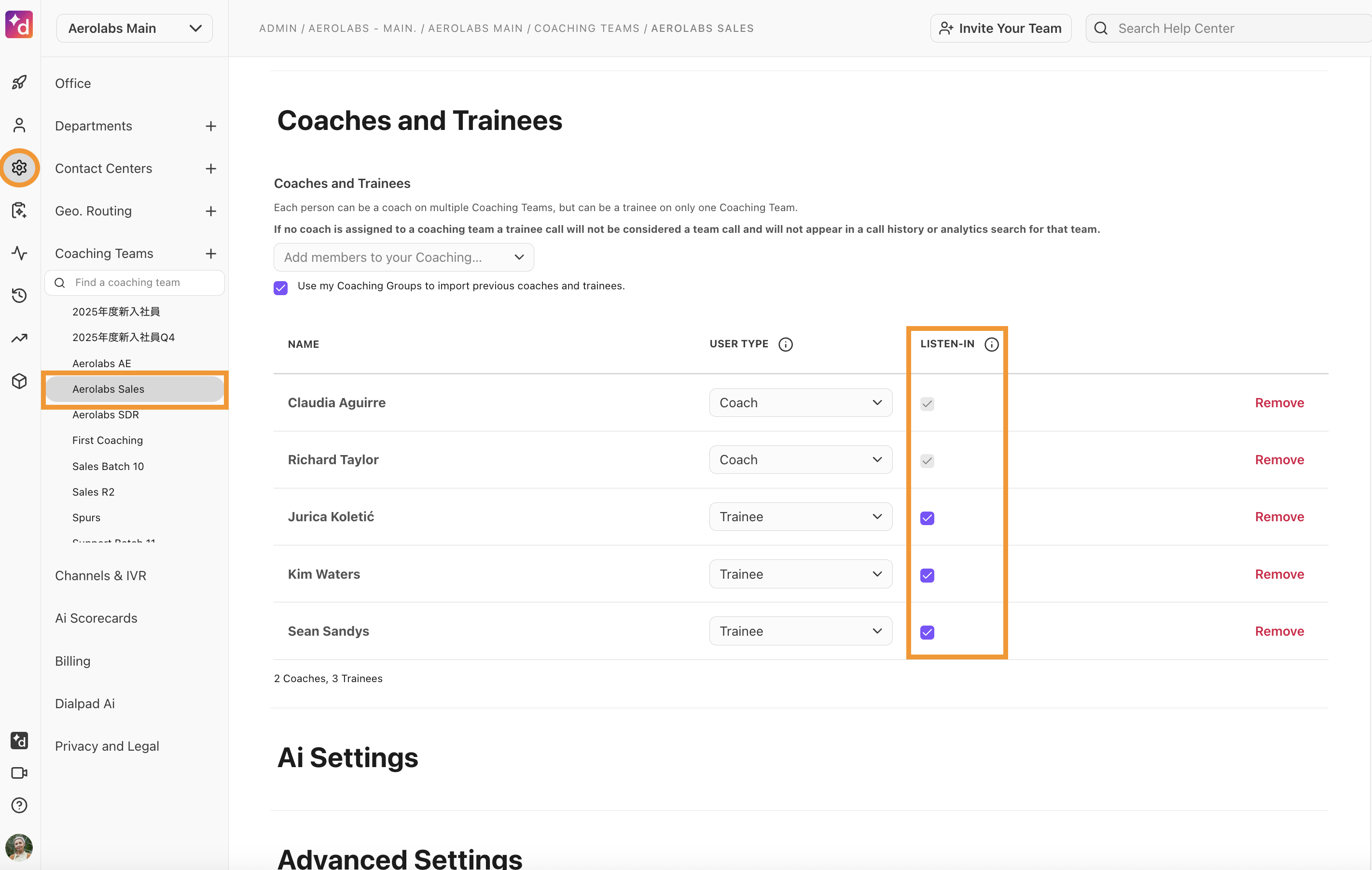 View of the Coaches and Trainees section, highlighting the Listen-in option