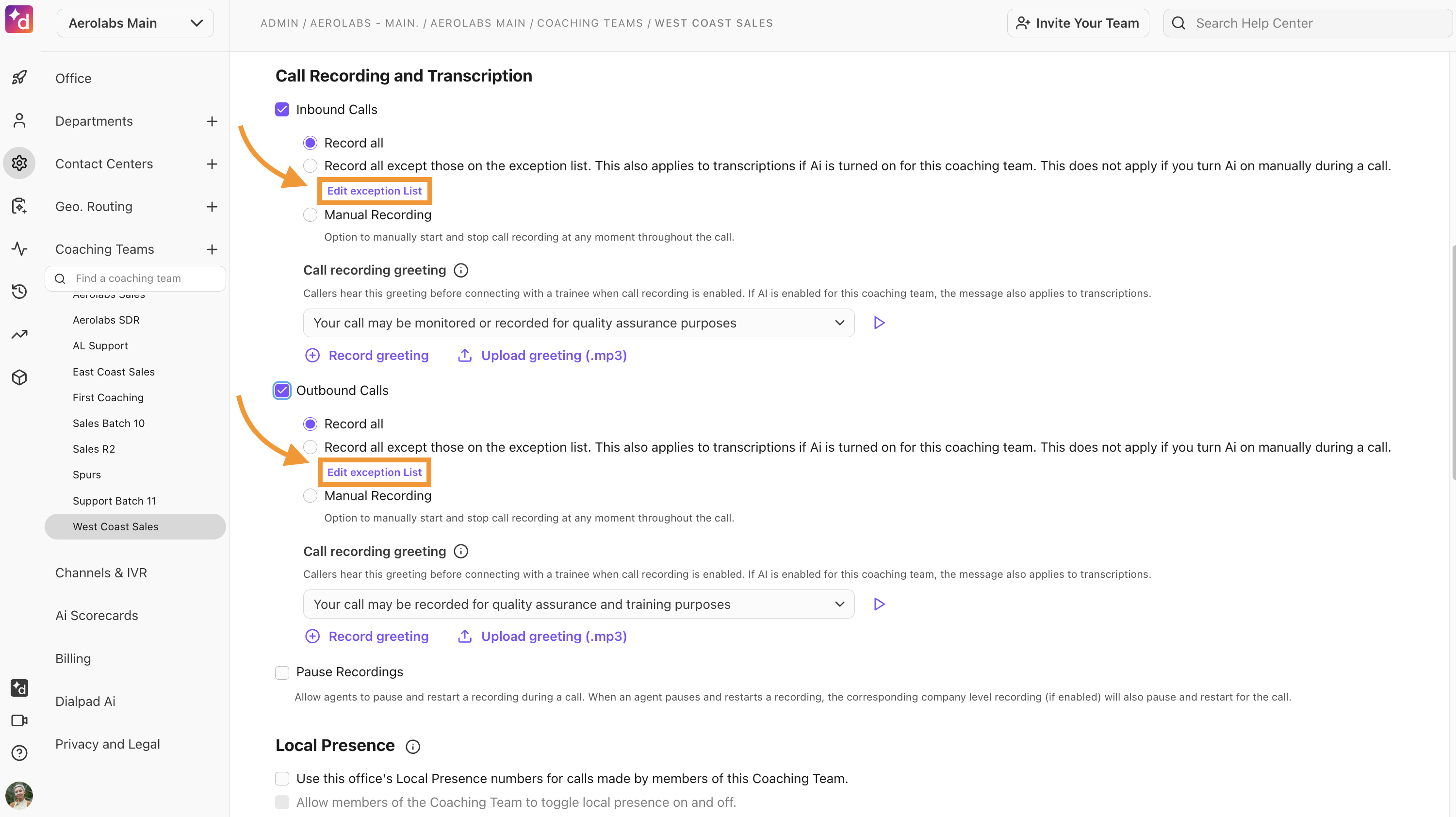 View of the exception list for inbound and outbound calls for call transcription on coaching teams