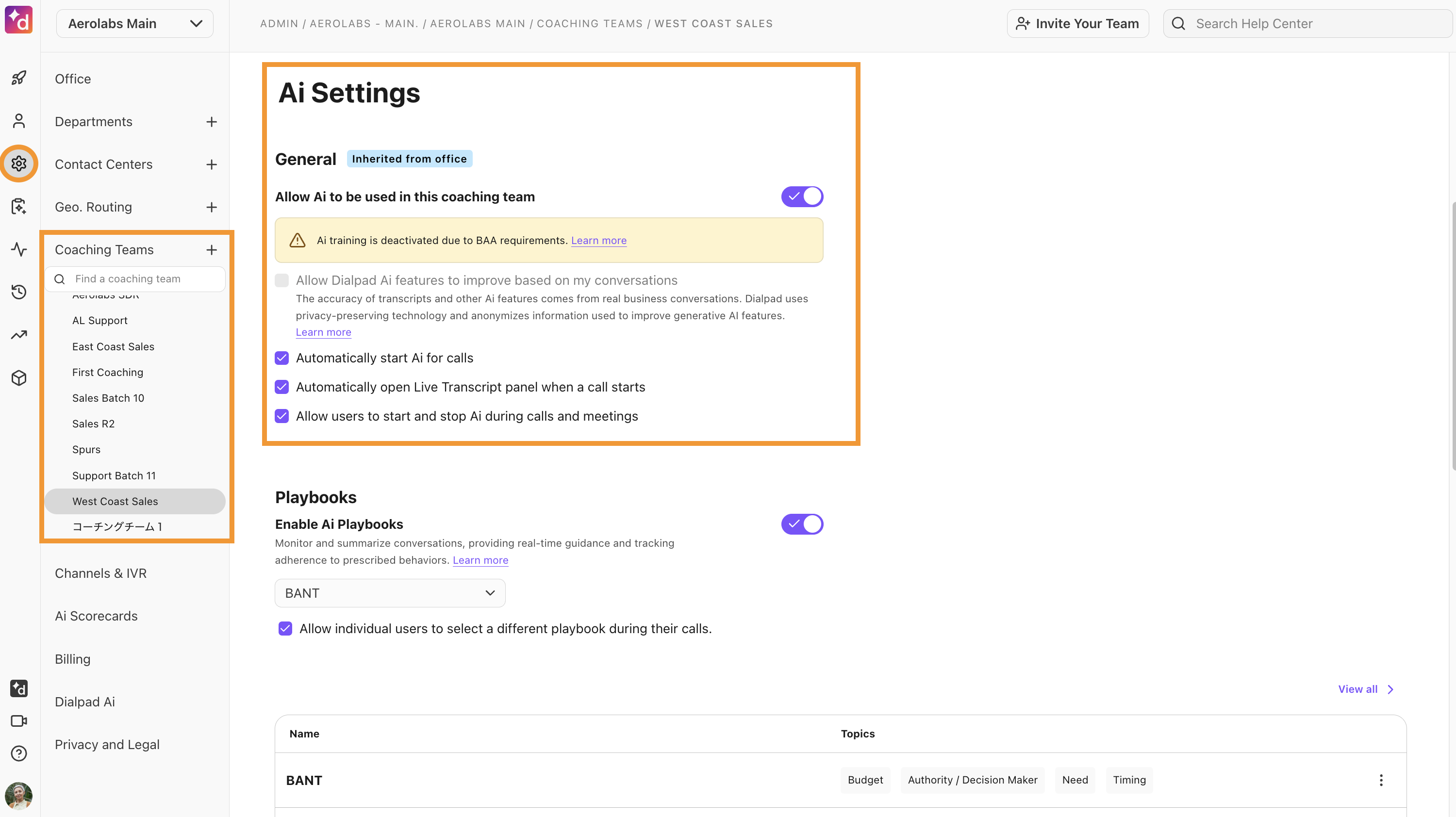 Enabling Dialpad Ai for coaching teams
