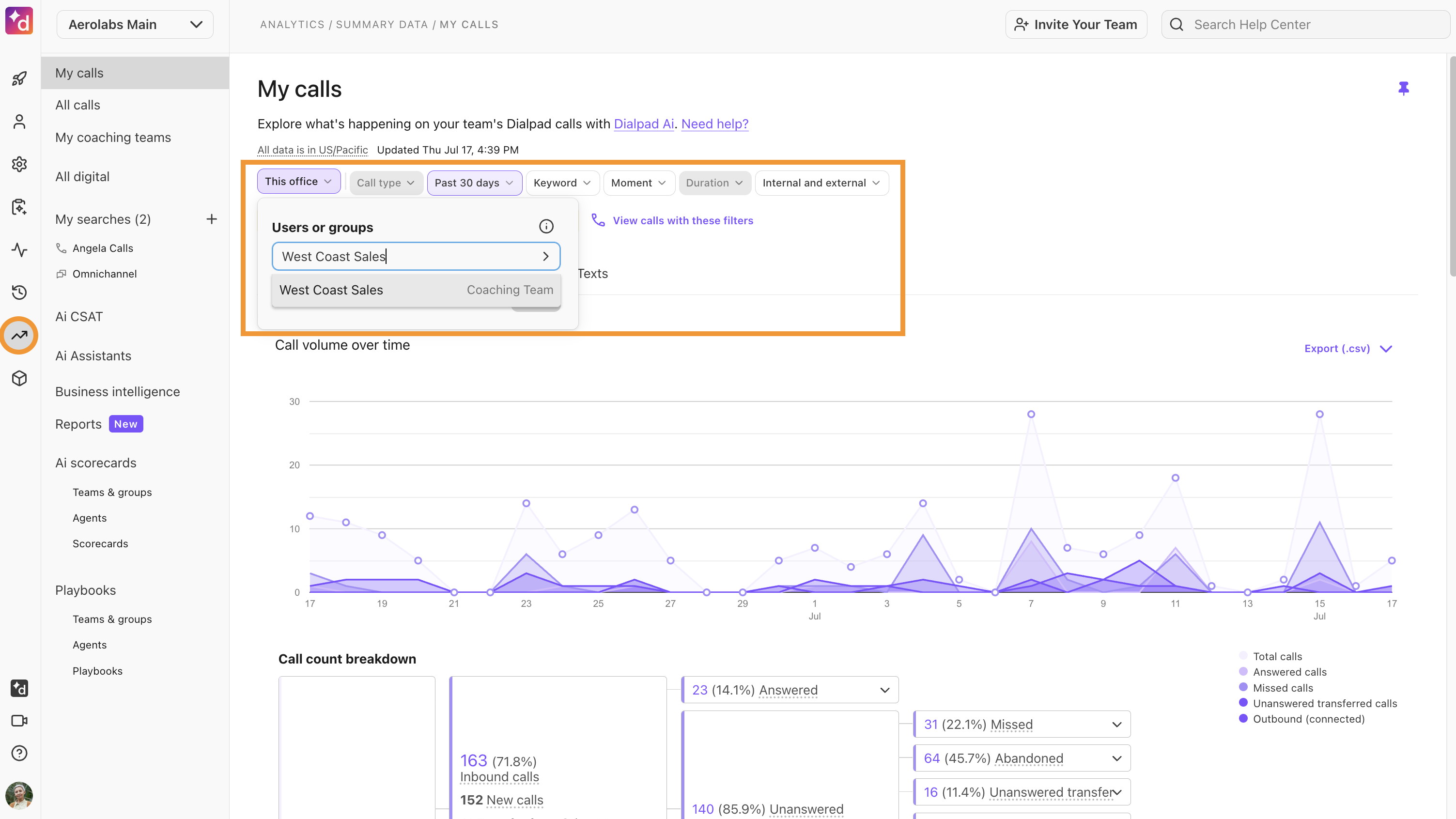 Team analytics page for a coaching team