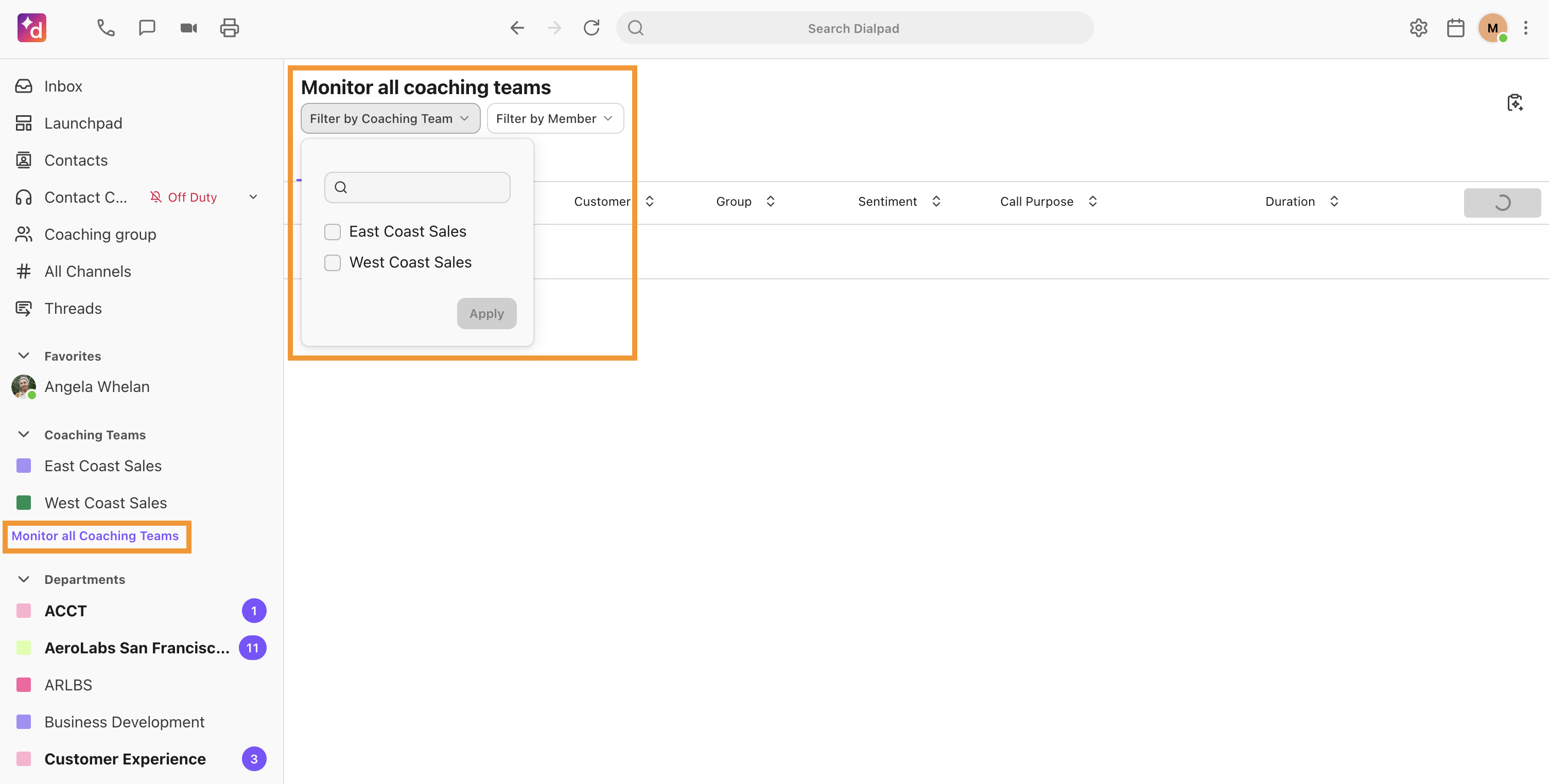 View to monitor specific coaching teams by filtering teams