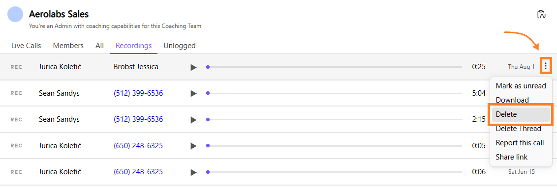 View of call recordings and showing the option to delete