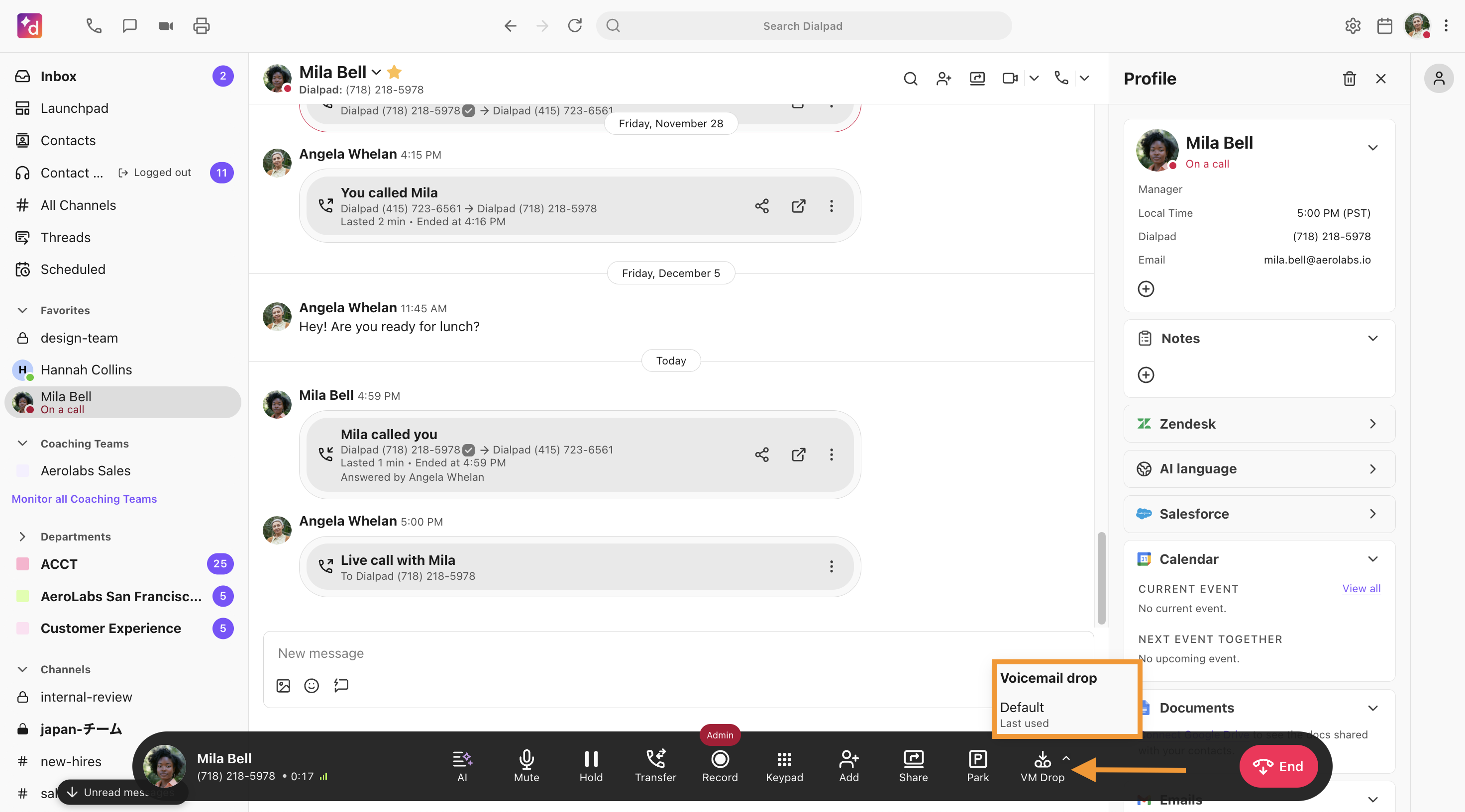 Option the call bar to use voicemail drop during a live call