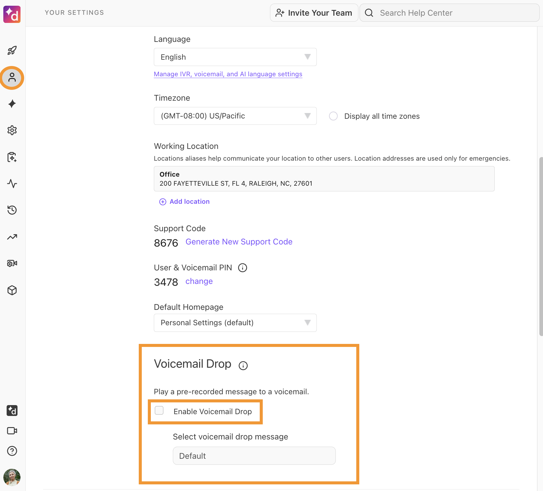 Option to enable voicemail drop from the settings page