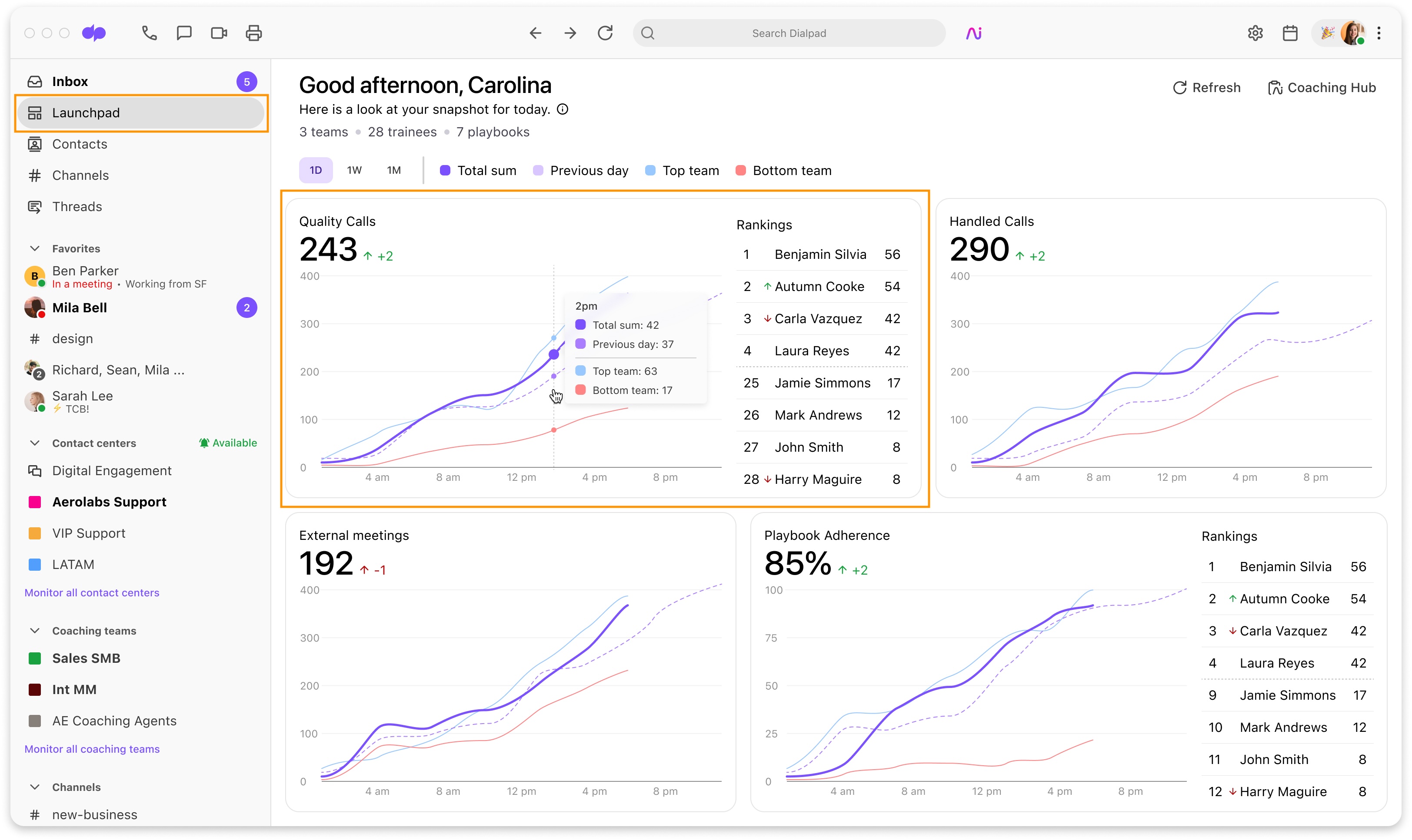 the quality calls view in the sales launchpad