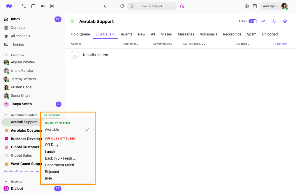 View of available status options for on-duty and off-duty status
