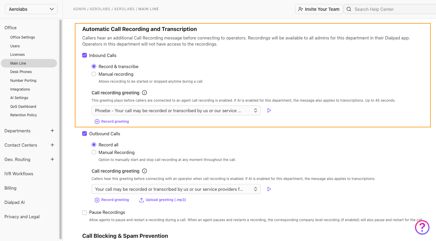 enable mainline call recording greeting