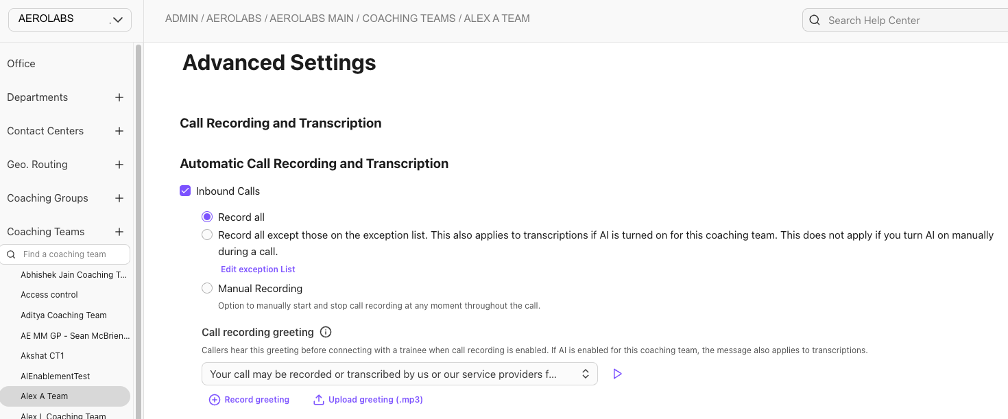 enable coaching team automatic recording