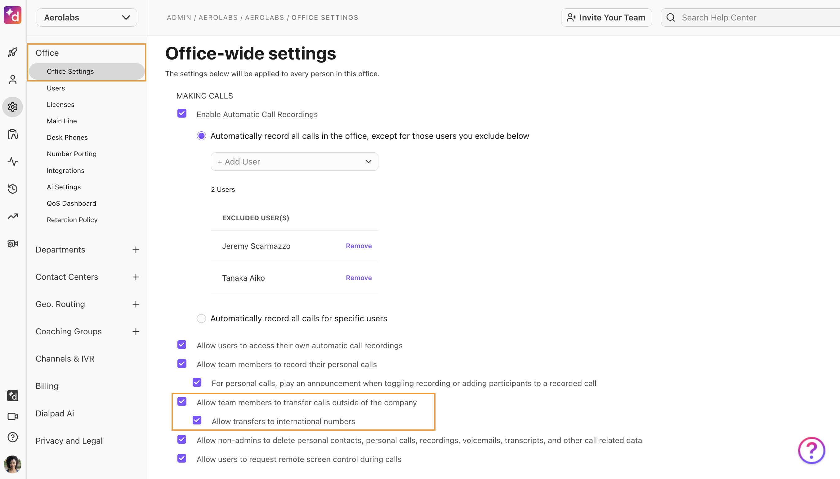 allow external transfer, office settings