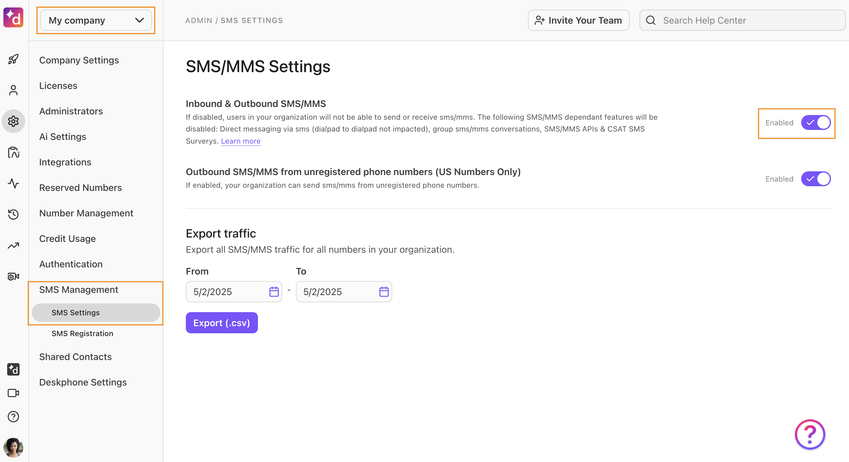 enable sms settings from My Company page