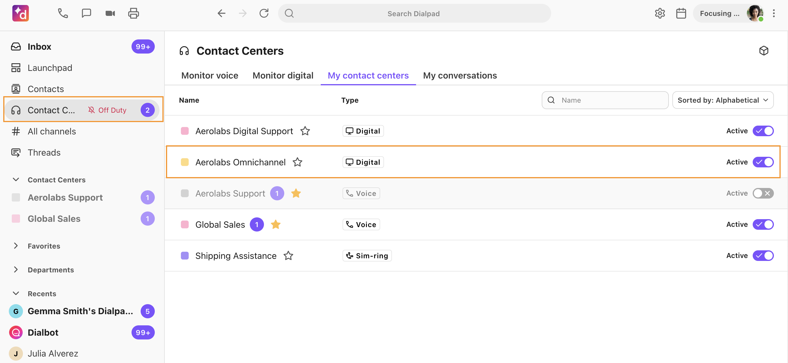 View of the contact center inbox with multiple contact centers