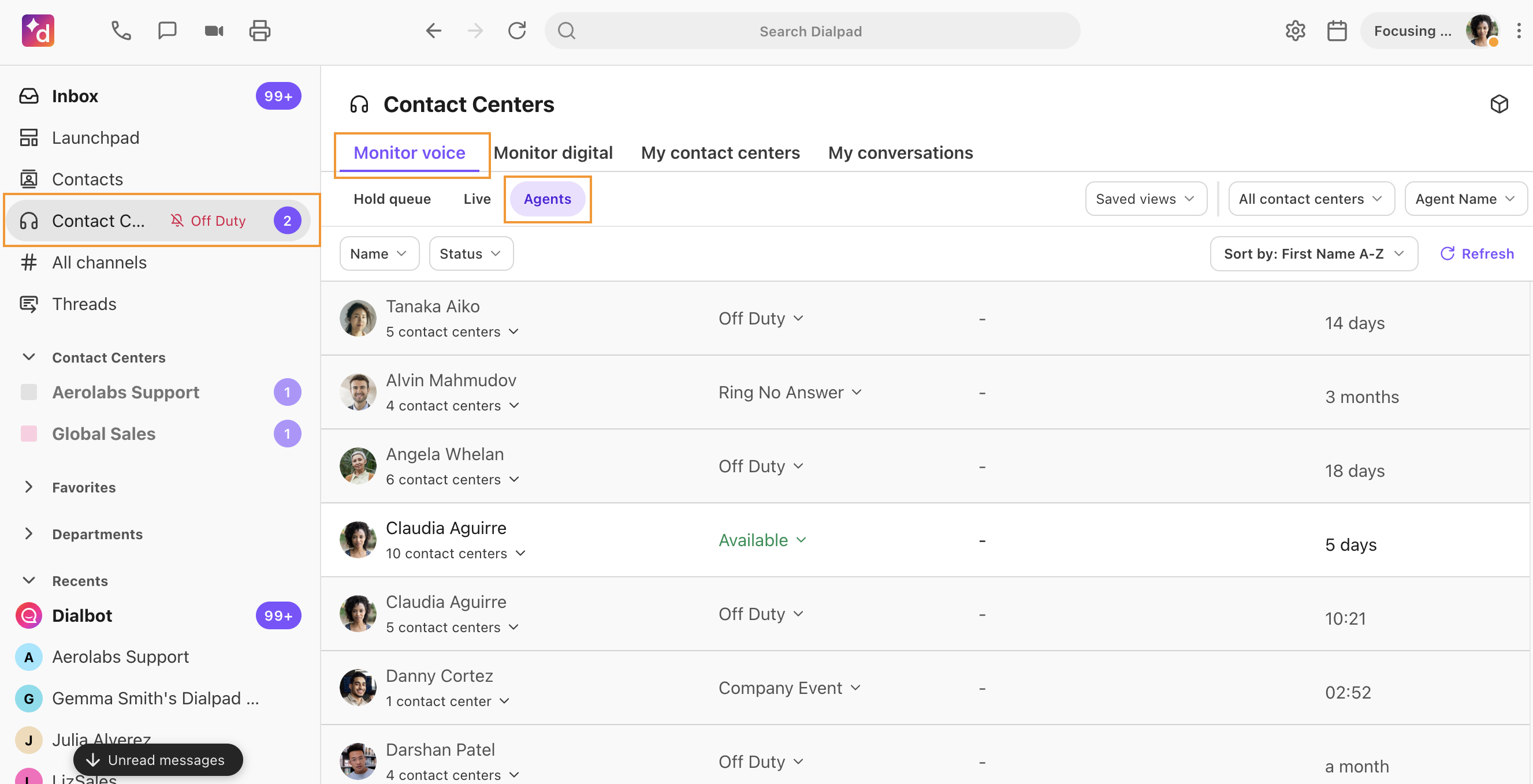 View of available agents for multiple contact centers