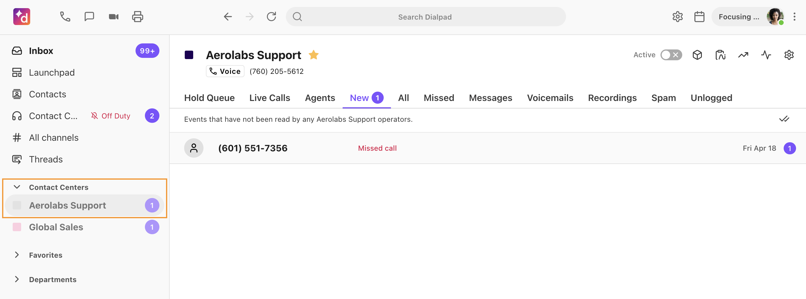 View of the contact center inbox