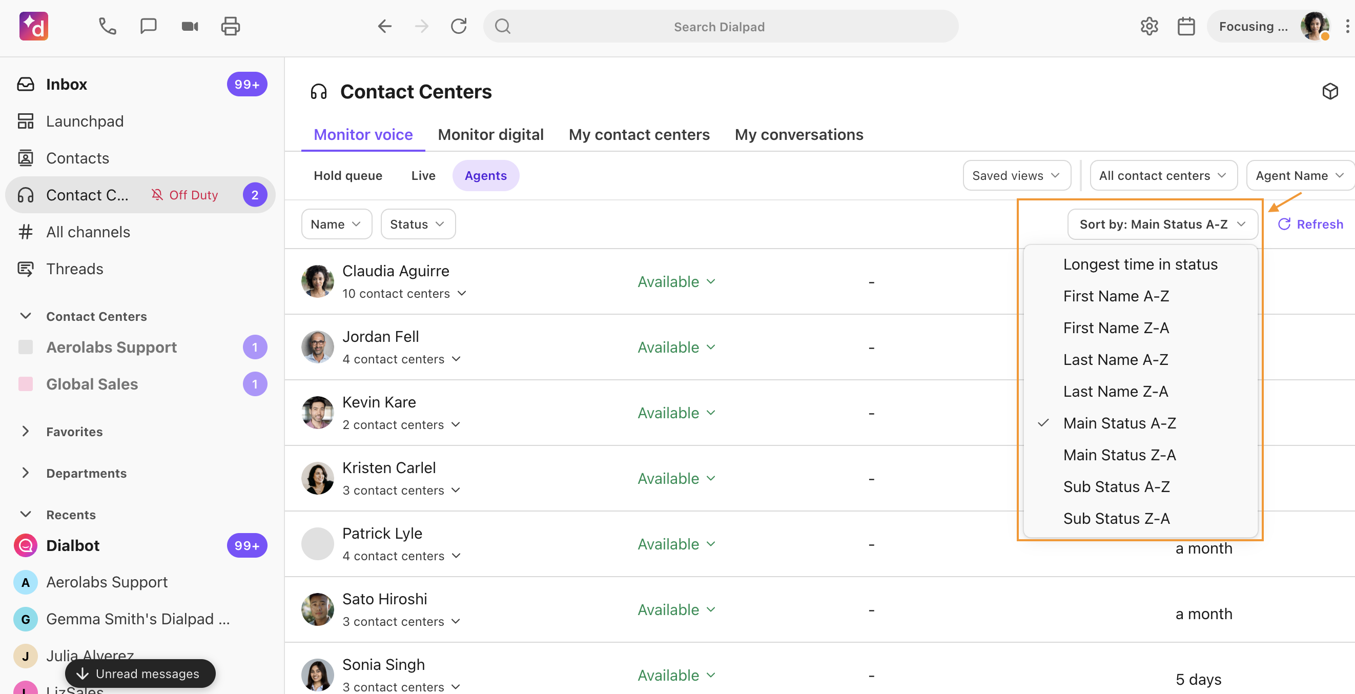 Available agents for a contact center with the option to sort or filter based on certain criteria