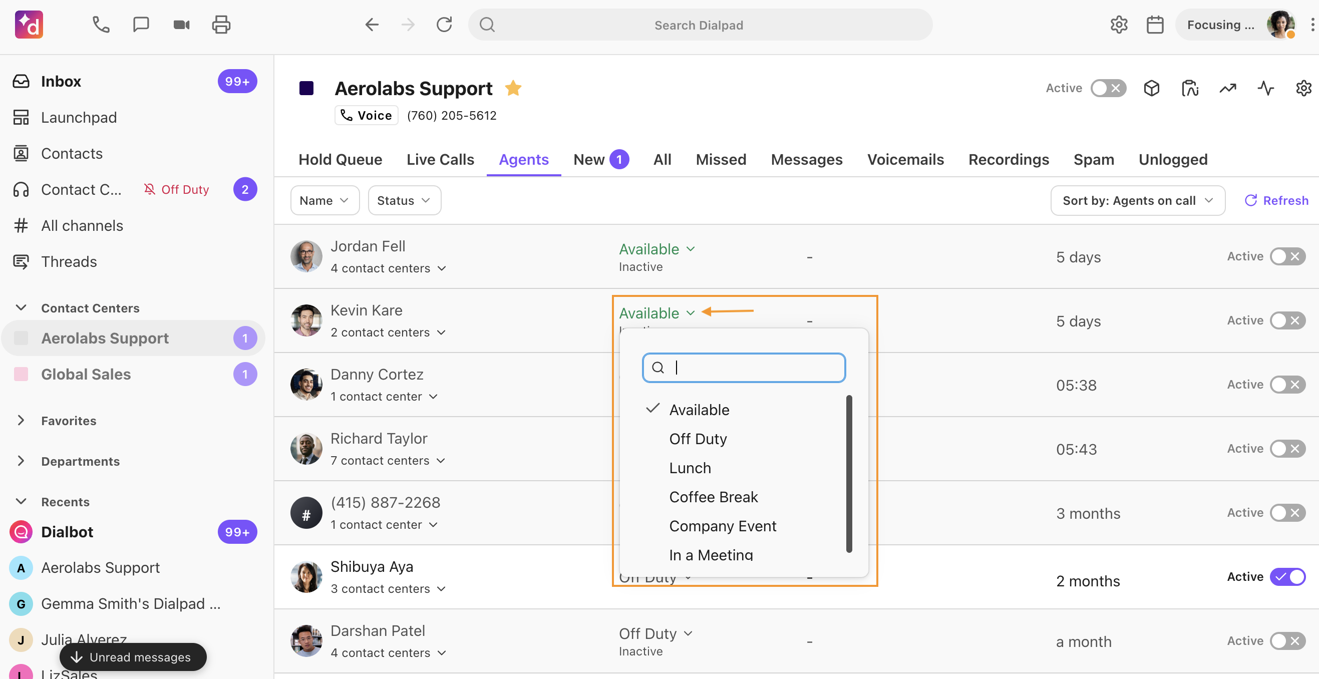 Options to change the agent status for an agent
