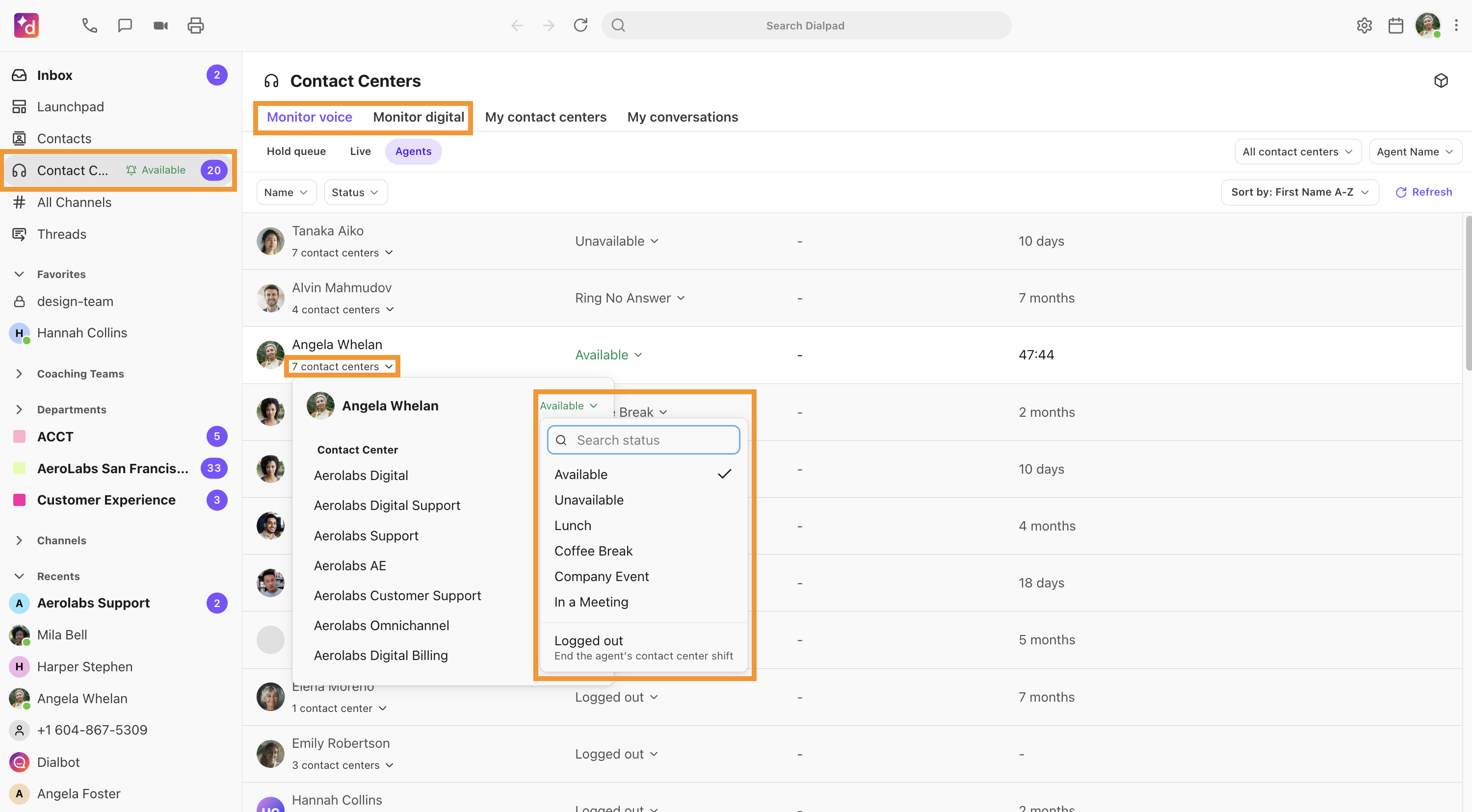 POtions to change the status of an agent for multiple contact centers