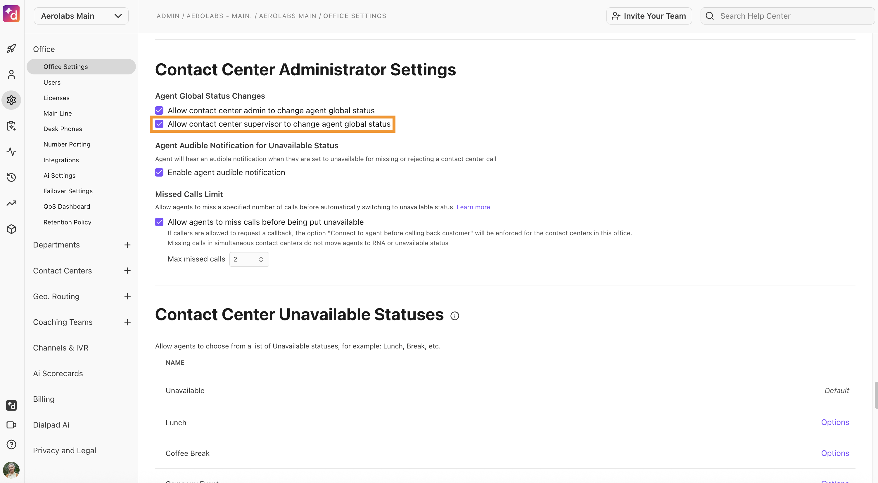 Contact Center admin settings page showing the option to enable supervisors to change an agent's global status