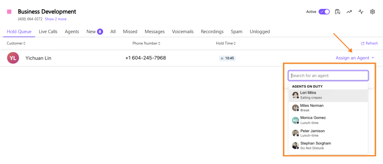 Option to assign a live call to an agent