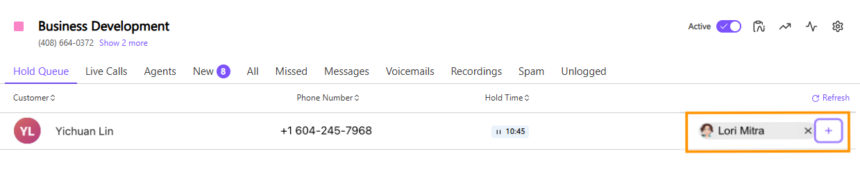 View of the assigned agent to a live call in the contact center