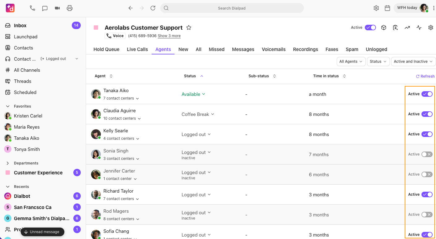 Contact Center view of agent list and the option to toggle on or off their active status