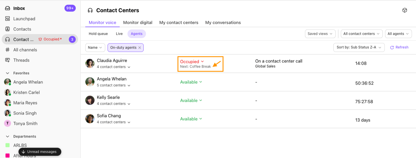 View of an agent's status and what status is coming up