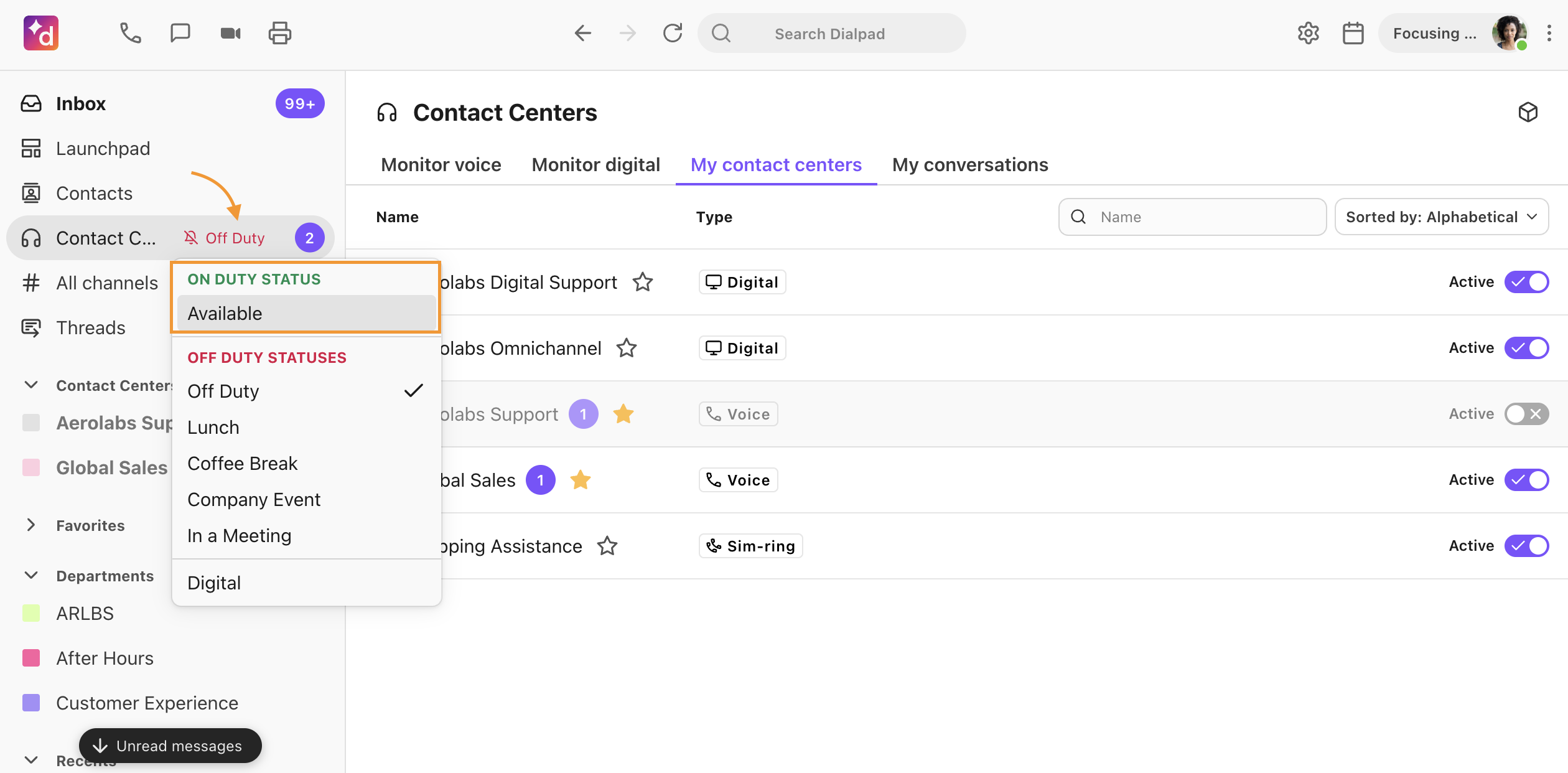 Agent view to select their status
