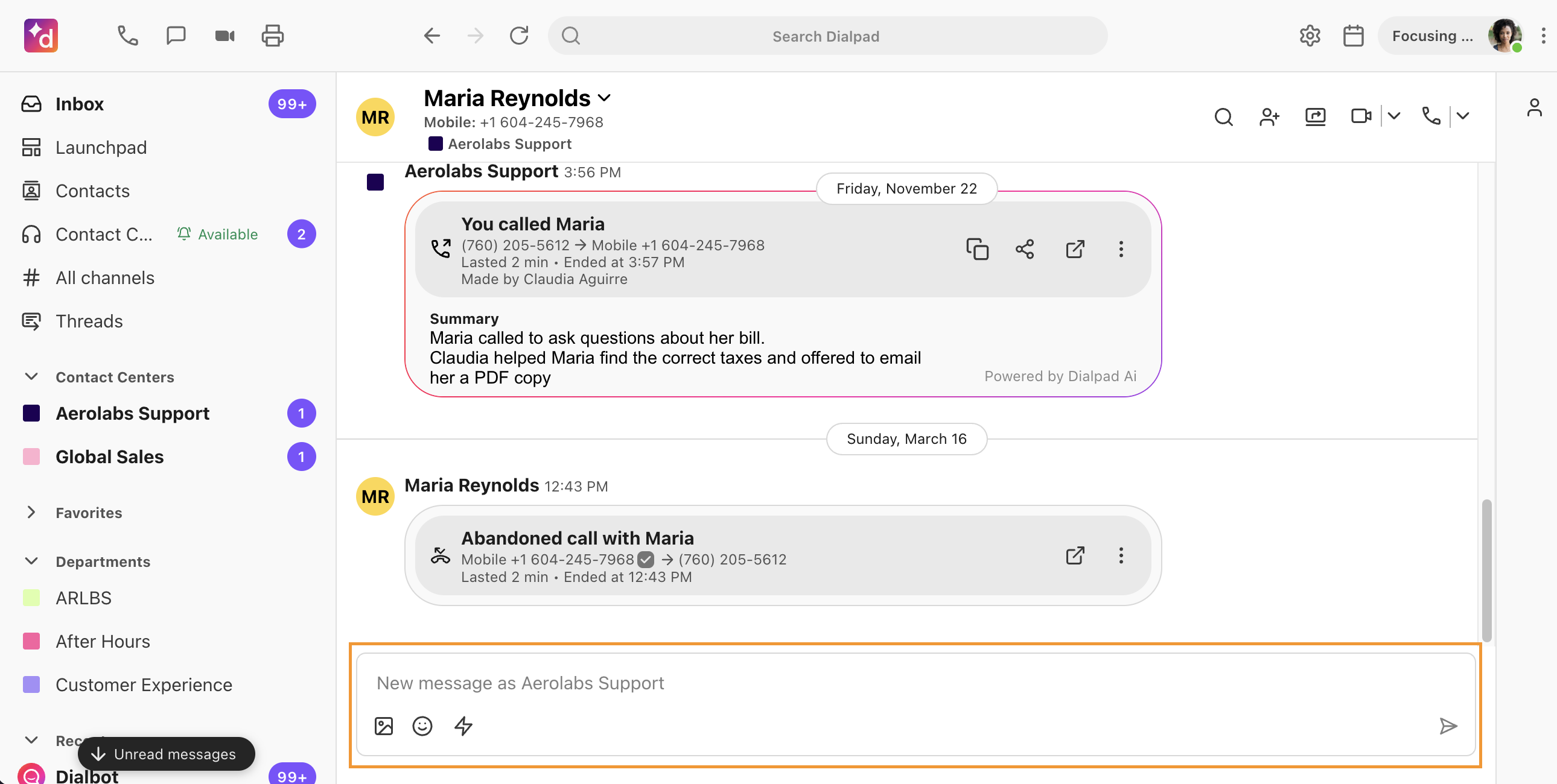 Sending a message to a customer from a contact center