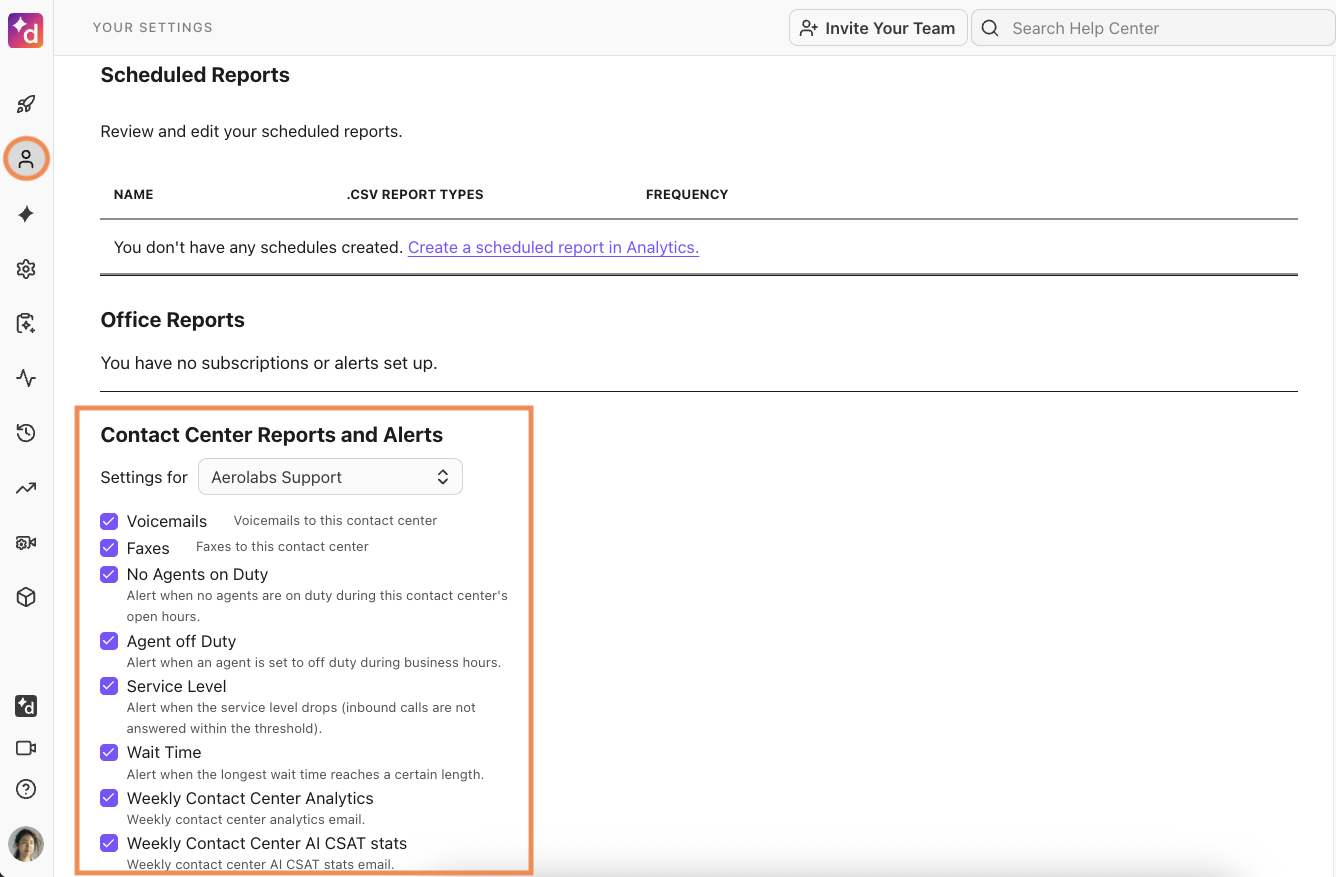 Settings to enable email notifications for agents in a contact center