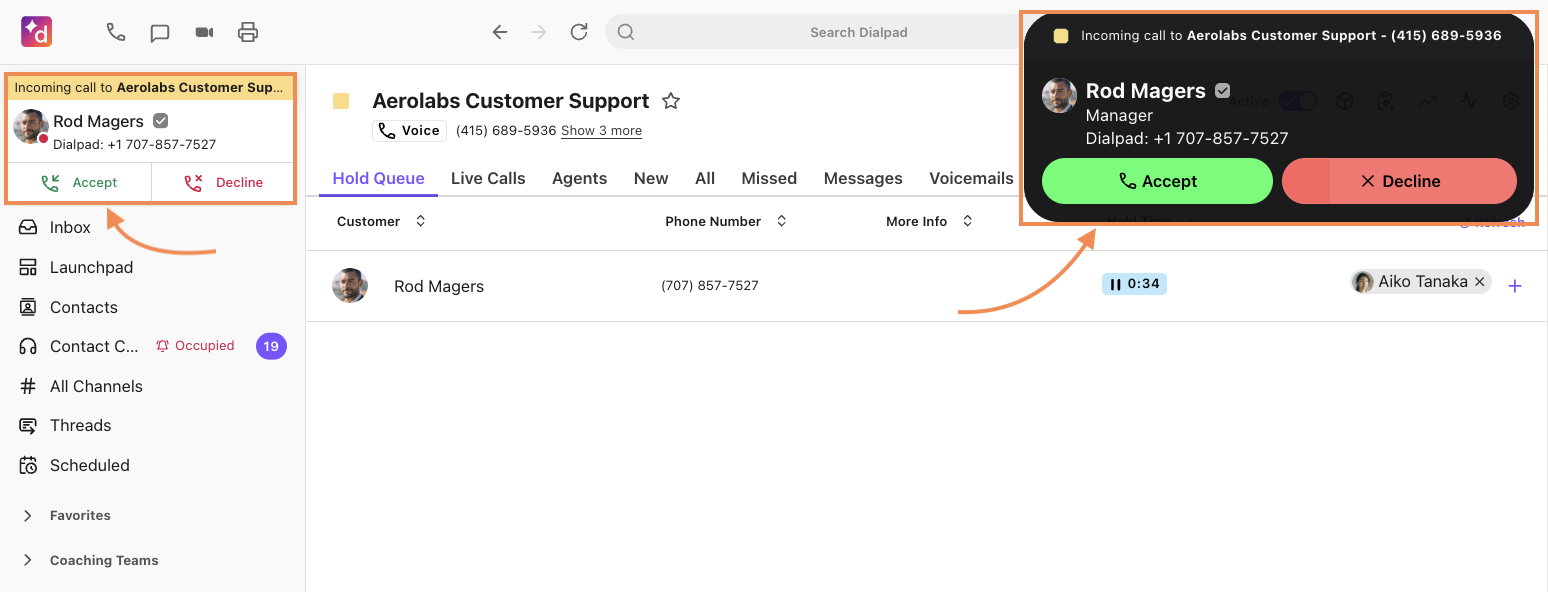 Incoming call view for an agent in a contact center