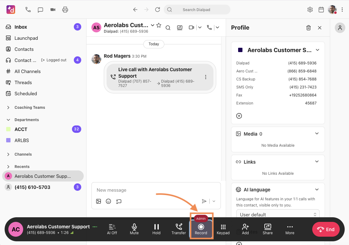 Call recording option in the call bar during a live call