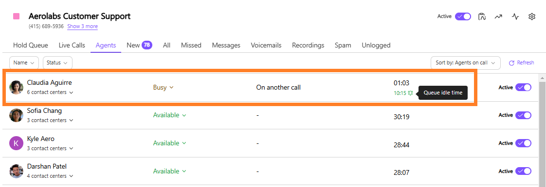 View of the queue idle time for an agent