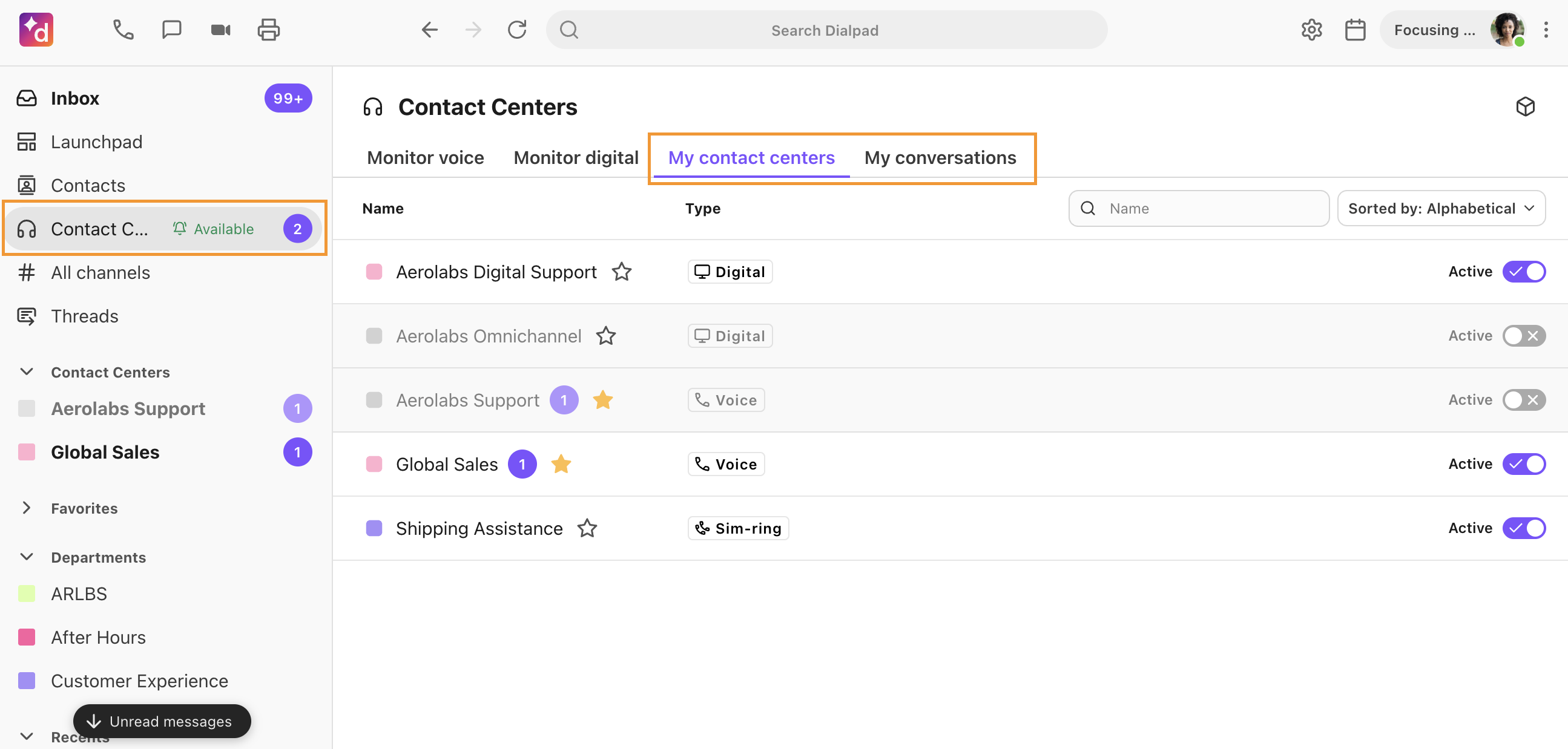 An agents view when they belong to multiple contact centers