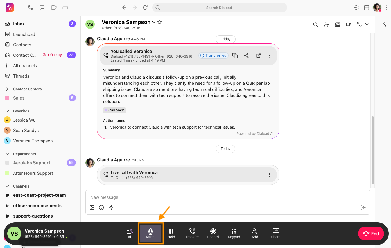 Screenshot of an active call in Dialpad, with an orange arrow and box highlighting the Mute button on the bottom call bar.