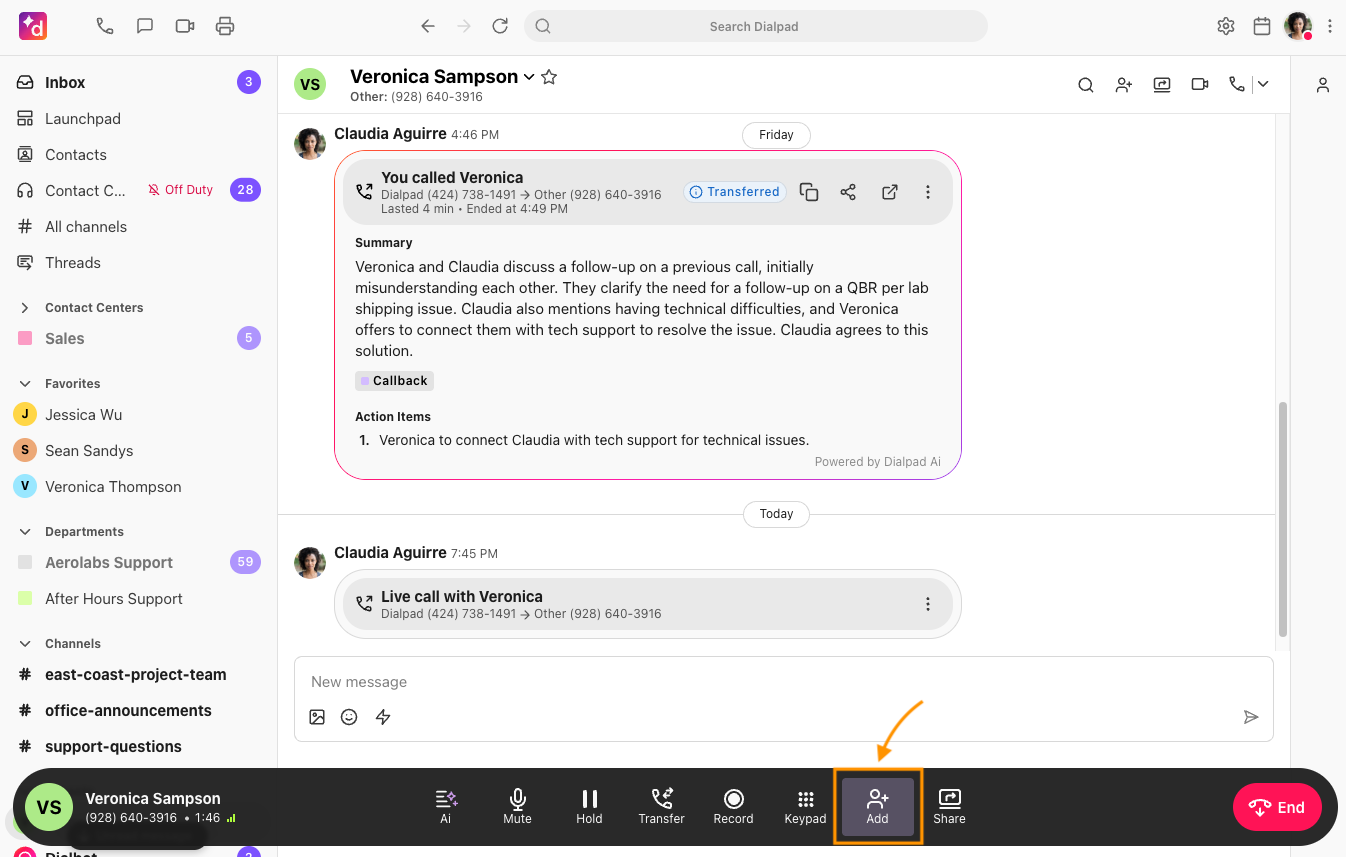 Screenshot of an active call in Dialpad, with an orange arrow and box highlighting the Add button on the bottom call bar.