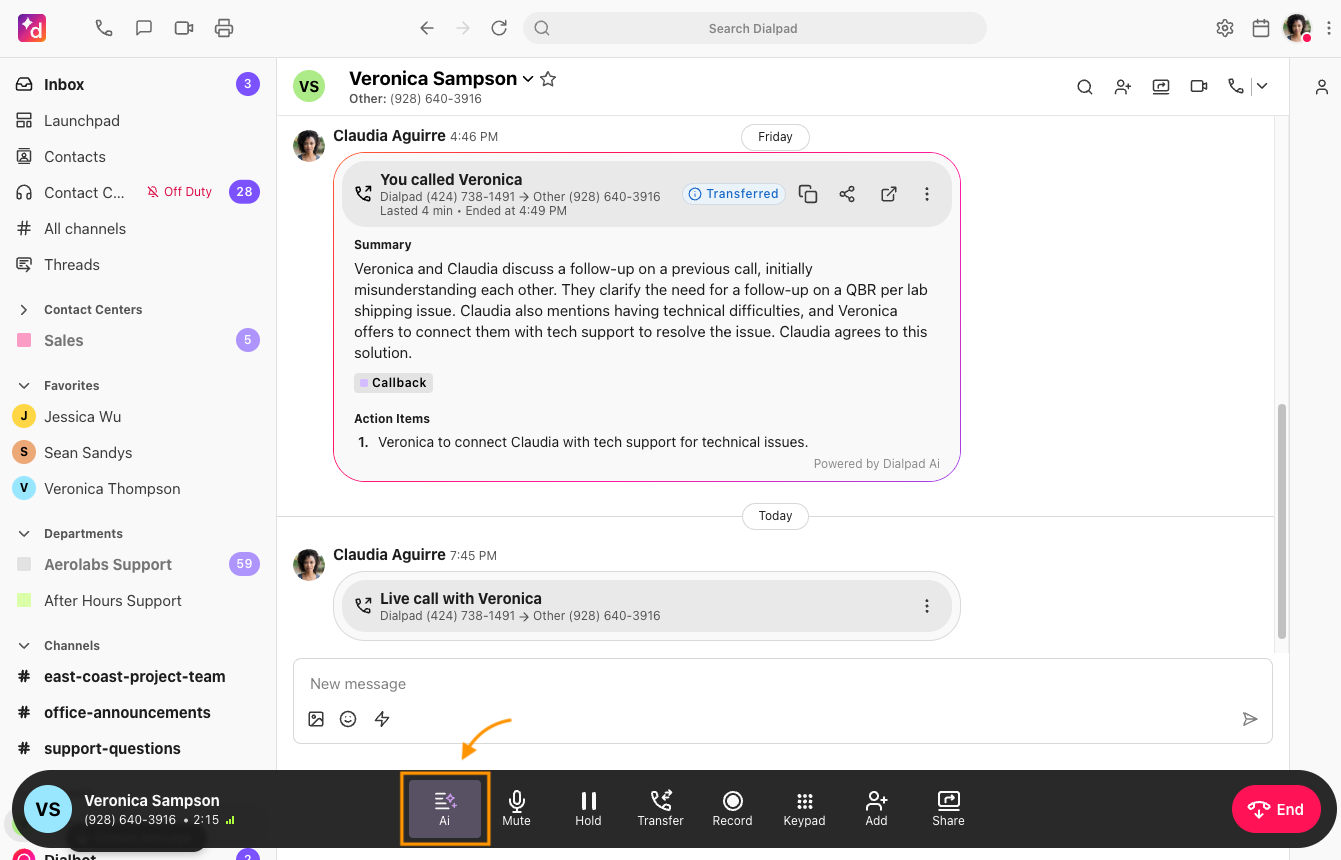 Screenshot of an active call in Dialpad, with an orange arrow and box highlighting the Ai icon on the far left of the bottom call bar.