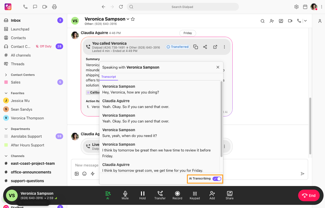 Screenshot of a Dialpad live transcript pop-up window, with an orange box highlighting the active 'AI Transcribing' toggle switch at the bottom right.