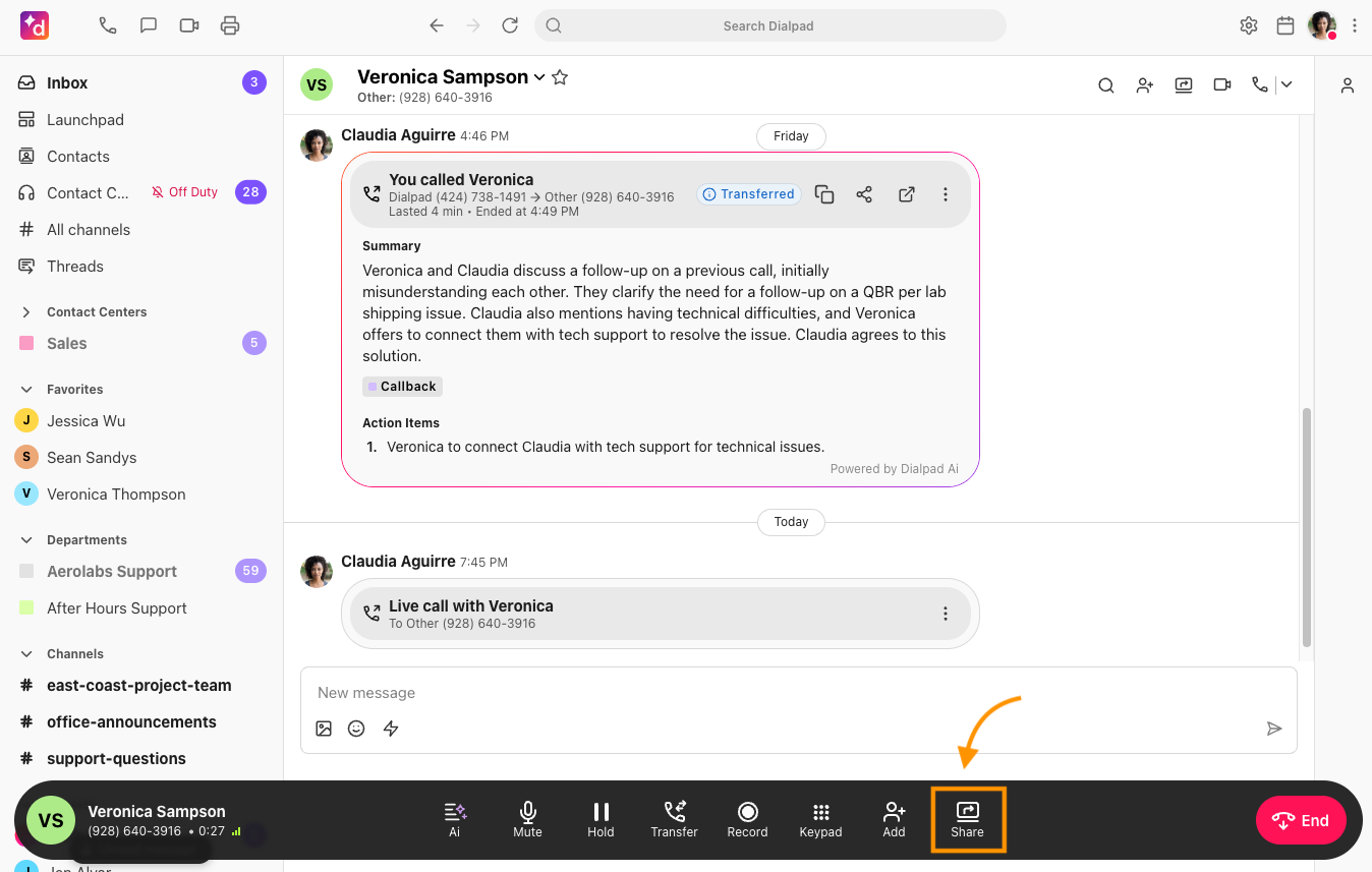 Screenshot of an active call in Dialpad, with an orange arrow and box highlighting the Share button on the bottom call bar.