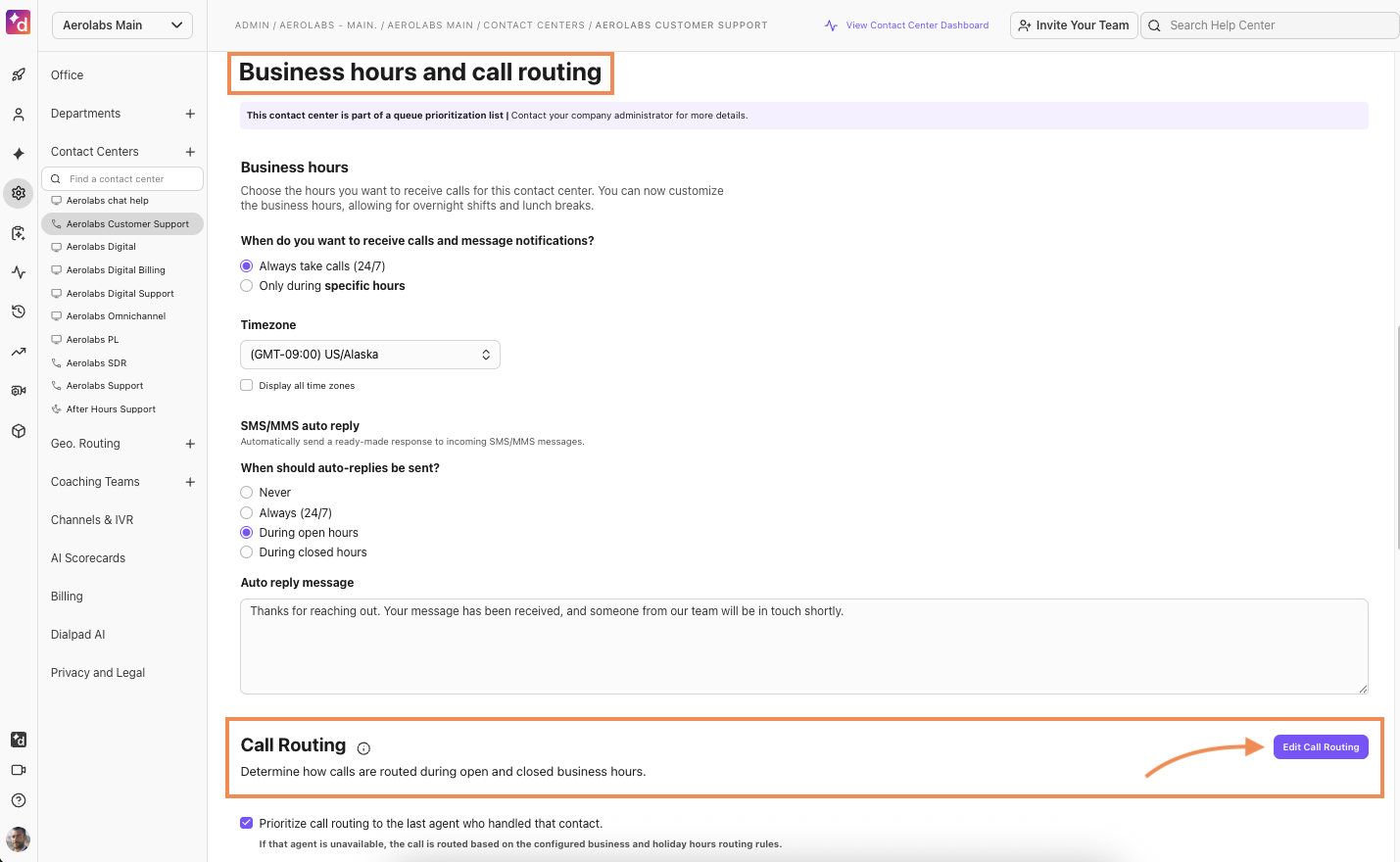 Screenshot of Dialpad Admin Settings, with orange boxes highlighting the 'Business hours and call routing' header and the 'Call Routing' section, where an arrow points to the 'Edit Call Routing' button.