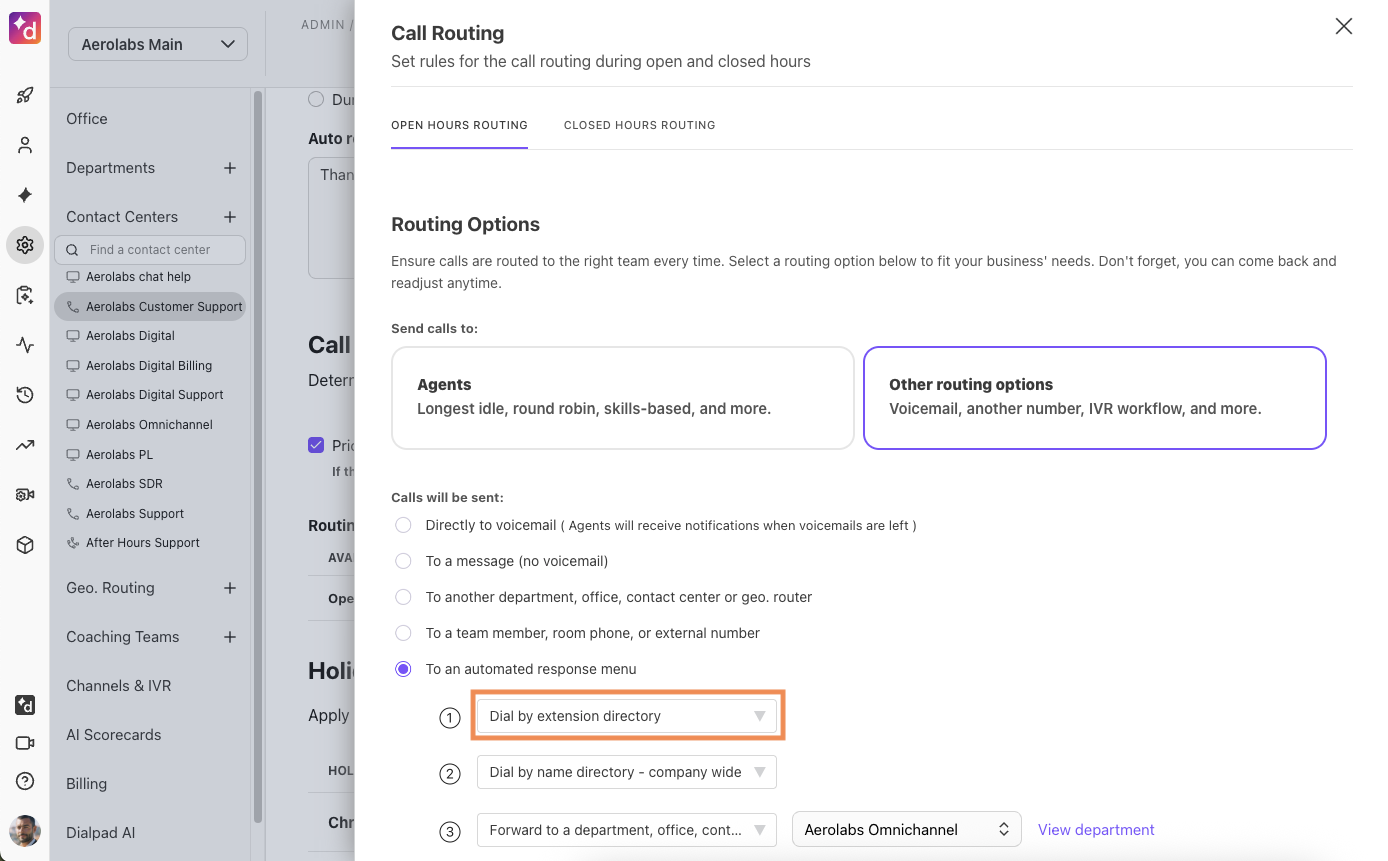 Screenshot of Dialpad Call Routing settings under 'To an automated response menu', with an orange box highlighting the selected 'Dial by extension directory' dropdown option.